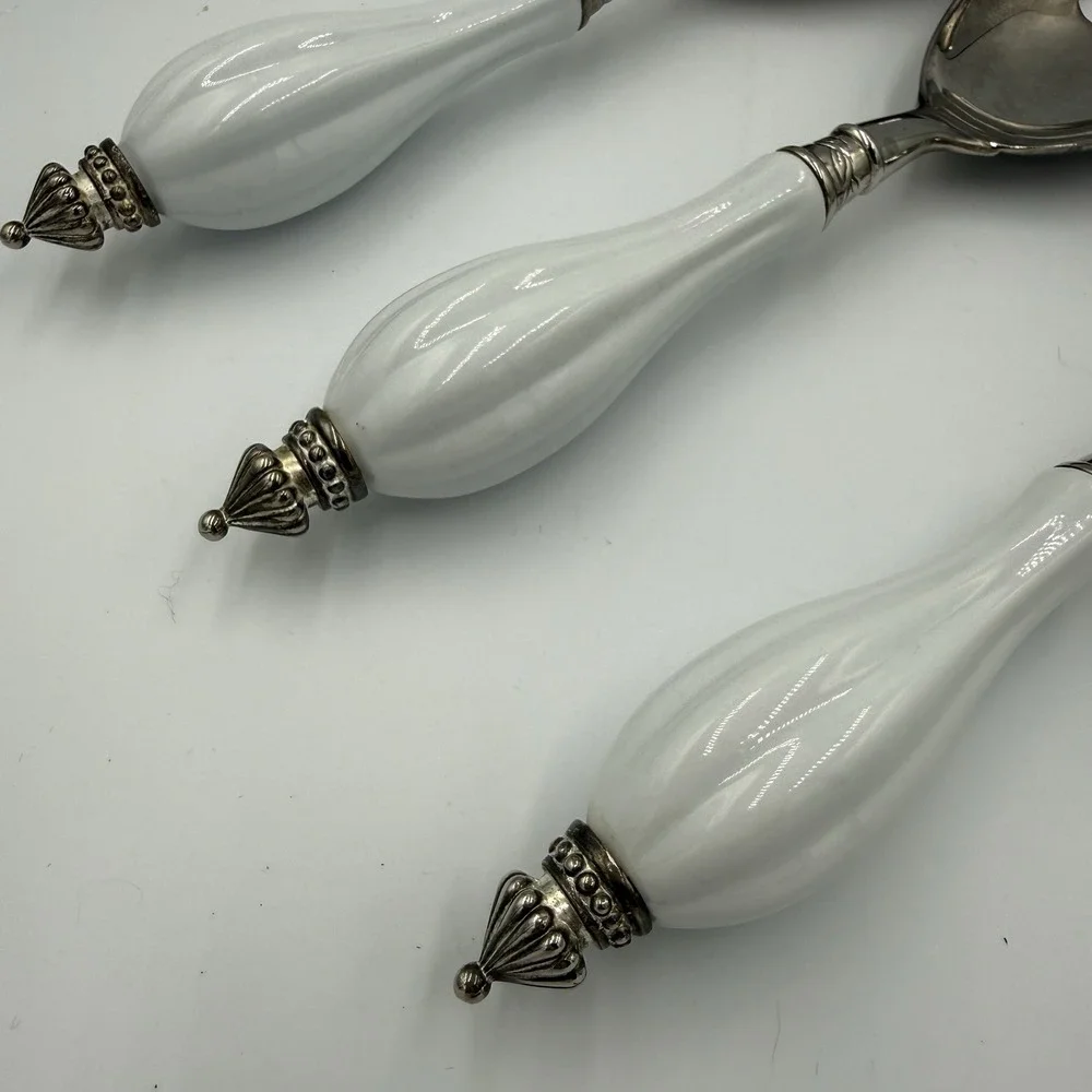 Three‎ Piece Elegant Godinger Silver Plate Serving Set White Porcelain Handle